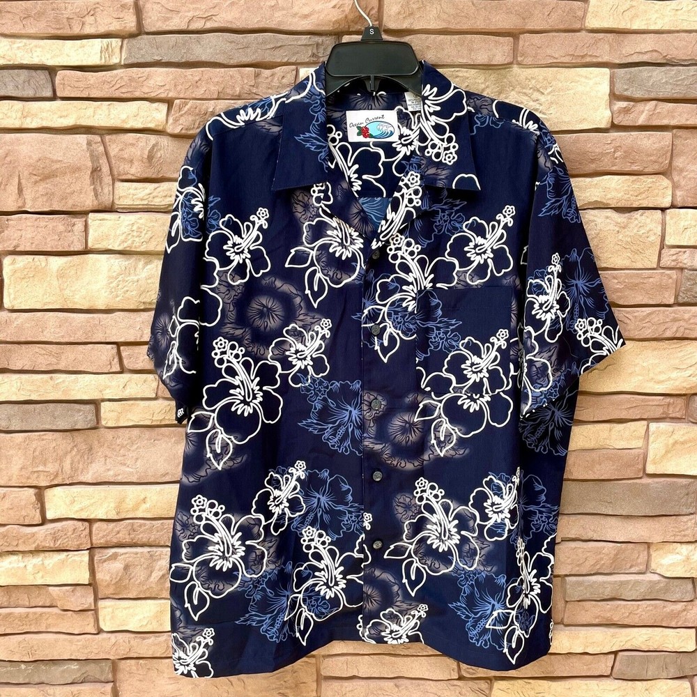 Ocean Current Men's S Shirt Aloha Hawaiian Aloha Blue Floral BBQ Pool Casual